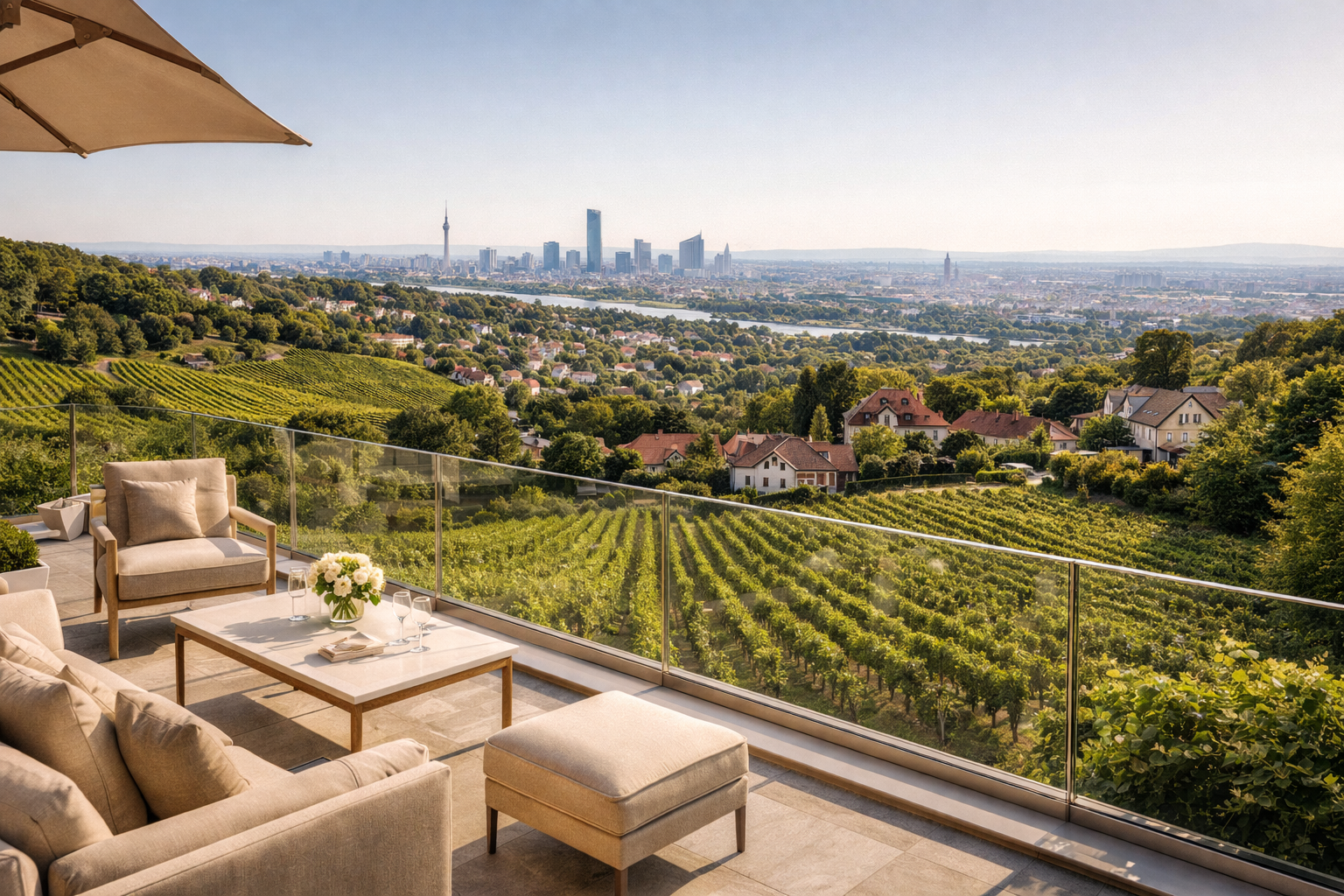 Lage & Aussicht beim Villa verkaufen Grinzing: Blick von einer Terrasse über die einzigartige Heurigenlandschaft und Weinberge in Wien-Döbling