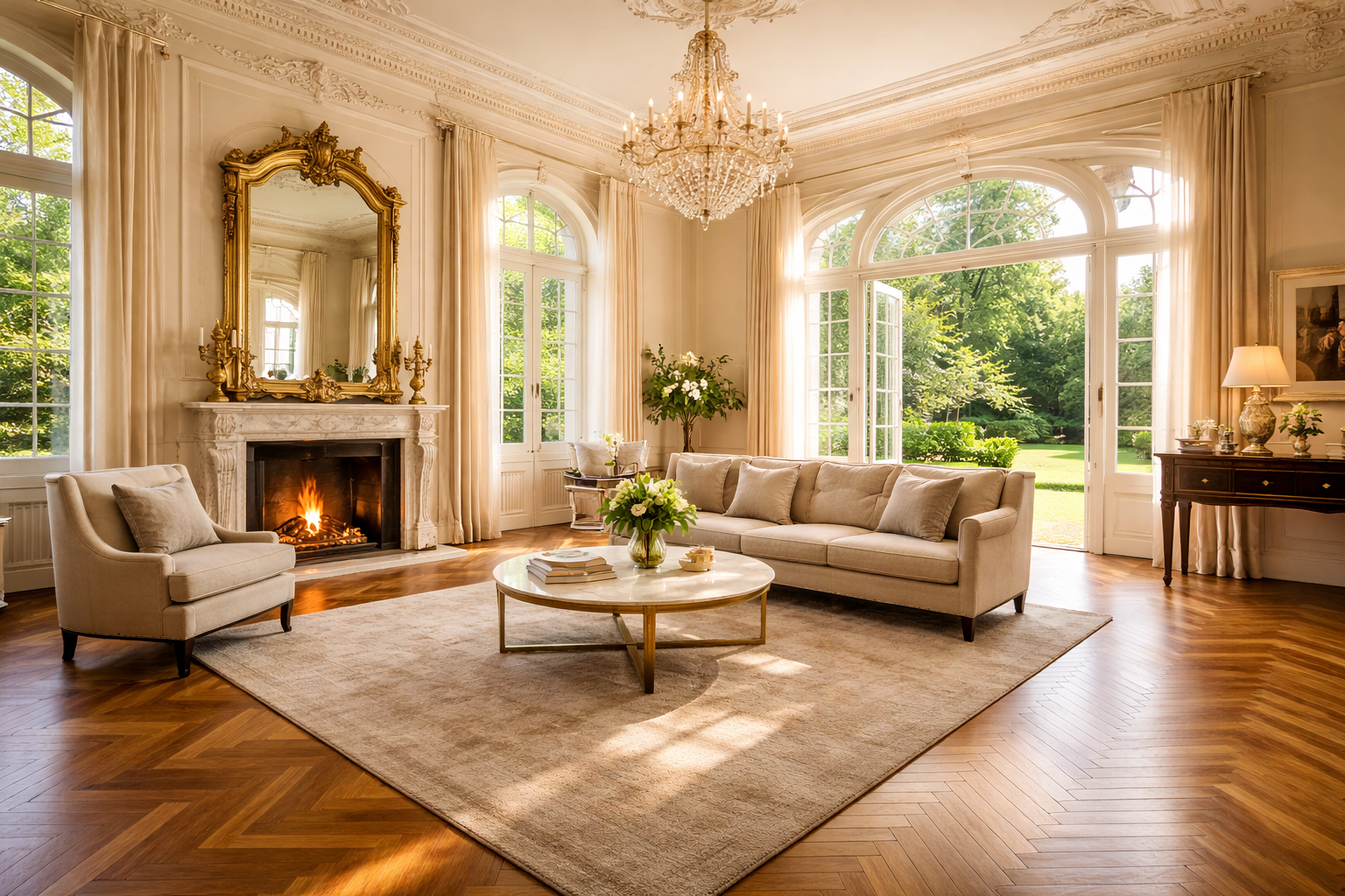 Spezielle Details beim Villa verkaufen Grinzing: Ein herrschaftliches Wohnzimmer mit hohen Decken, Stuck, historischem Parkett und einem Kamin