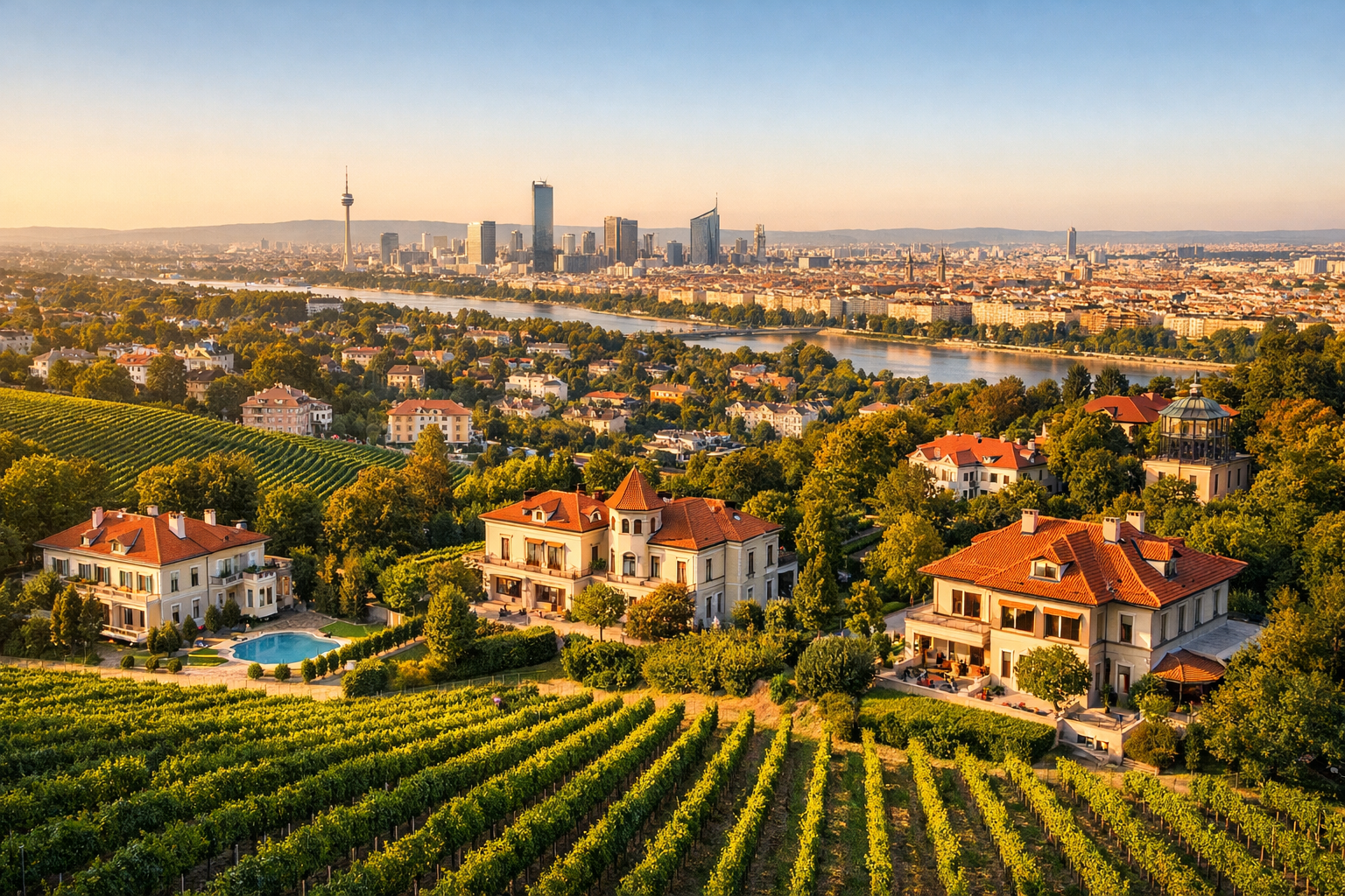 Immobilienpreise Döbling 2026: Panoramablick über die Weinberge und Villen im 19. Bezirk Wiens.