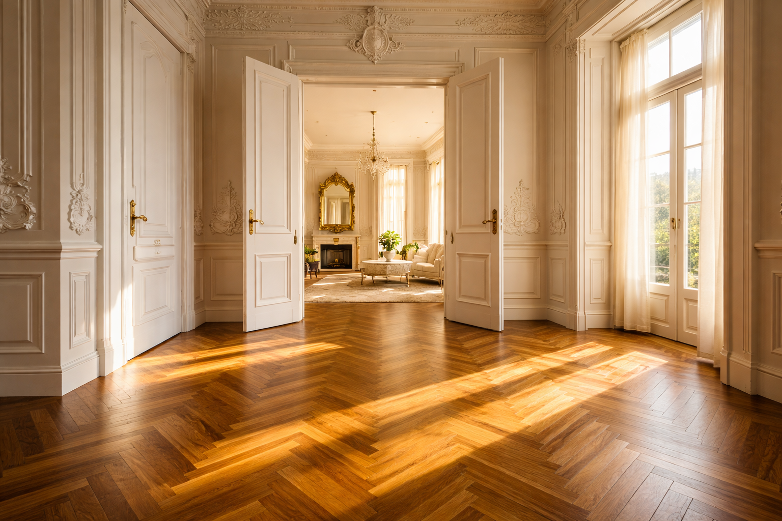 Hoher Immobilienwert im 19. Bezirk: Detail einer luxuriösen Altbauwohnung mit klassischem Fischgrätparkett in Wien Döbling